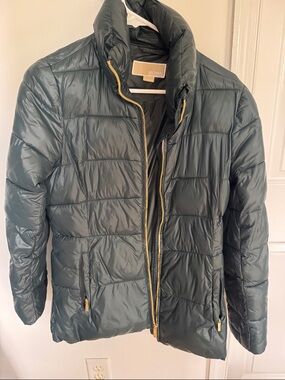 Michael Kors Men's Hunter Green Quilted Puffer Jacket with Gold Zipper